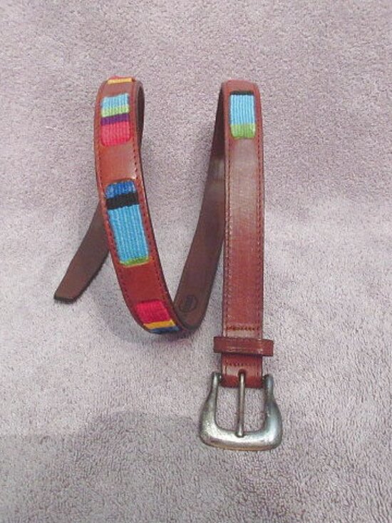 Fossil Leather Woven Tapestry Belt Size L Rainbow Piecework Boho Hippie Western main image 10